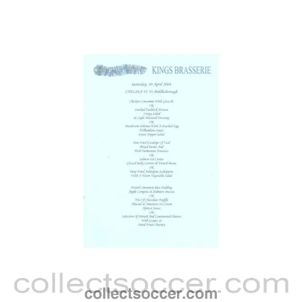2004 - Chelsea v Middlesbrough Kings Brasserie blue menu 10/04/2004 Premier League - Collect Soccer