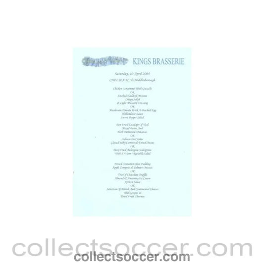 2004 - Chelsea v Middlesbrough Kings Brasserie blue menu 10/04/2004 Premier League