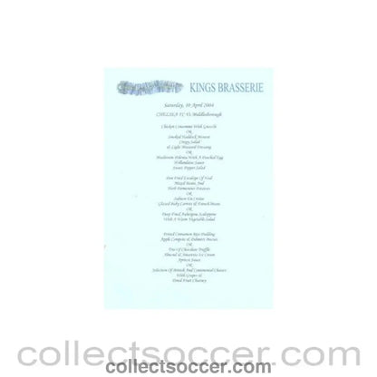 2004 - Chelsea v Middlesbrough Kings Brasserie blue menu 10/04/2004 Premier League - Collect Soccer