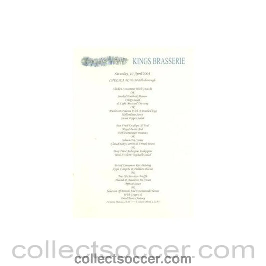 2004 - Chelsea v Middlesbrough Kings Brasserie yellow menu 10/04/2004 Premier League