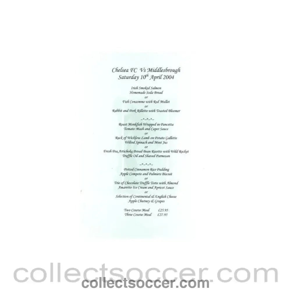 2004 - Chelsea v Middlesbrough not branded menu 10/04/2004 Premier League - Collect Soccer