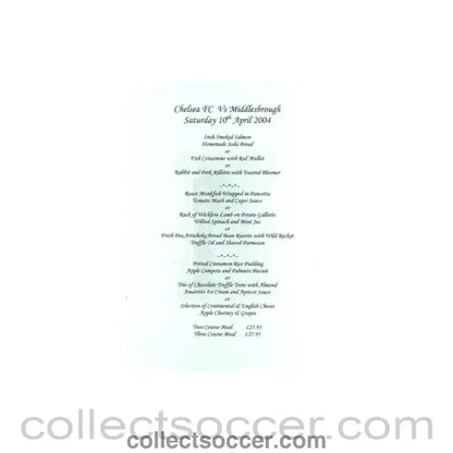 2004 - Chelsea v Middlesbrough not branded menu 10/04/2004 Premier League - Collect Soccer
