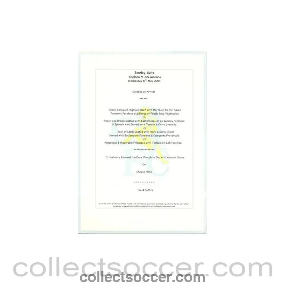 2004 - Chelsea v Monaco Bentley's menu 05/05/2004 - Collect Soccer