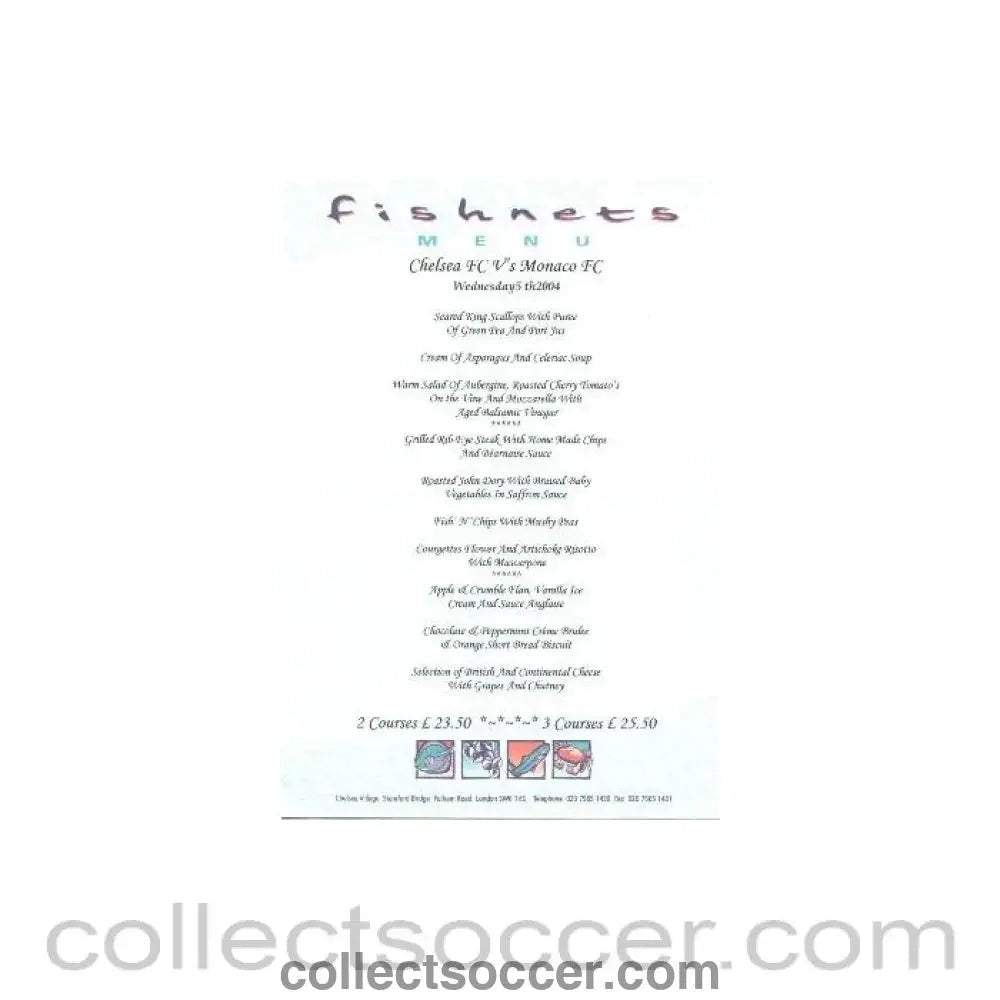 2004 - Chelsea v Monaco Fishnets menu 05/05/2004 - Collect Soccer