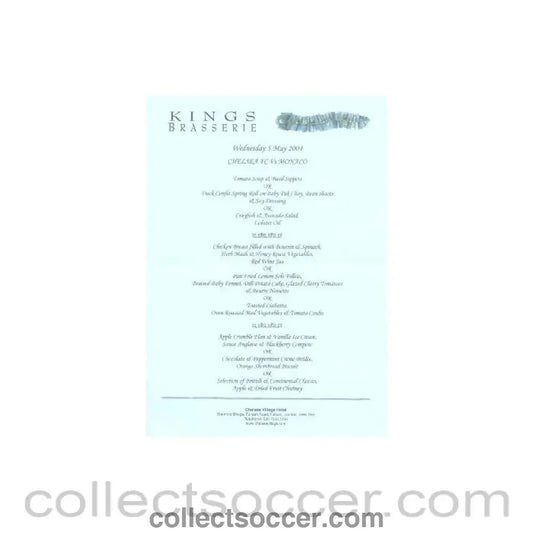 2004 - Chelsea v Monaco Kings Brasserie menu 05/05/2004