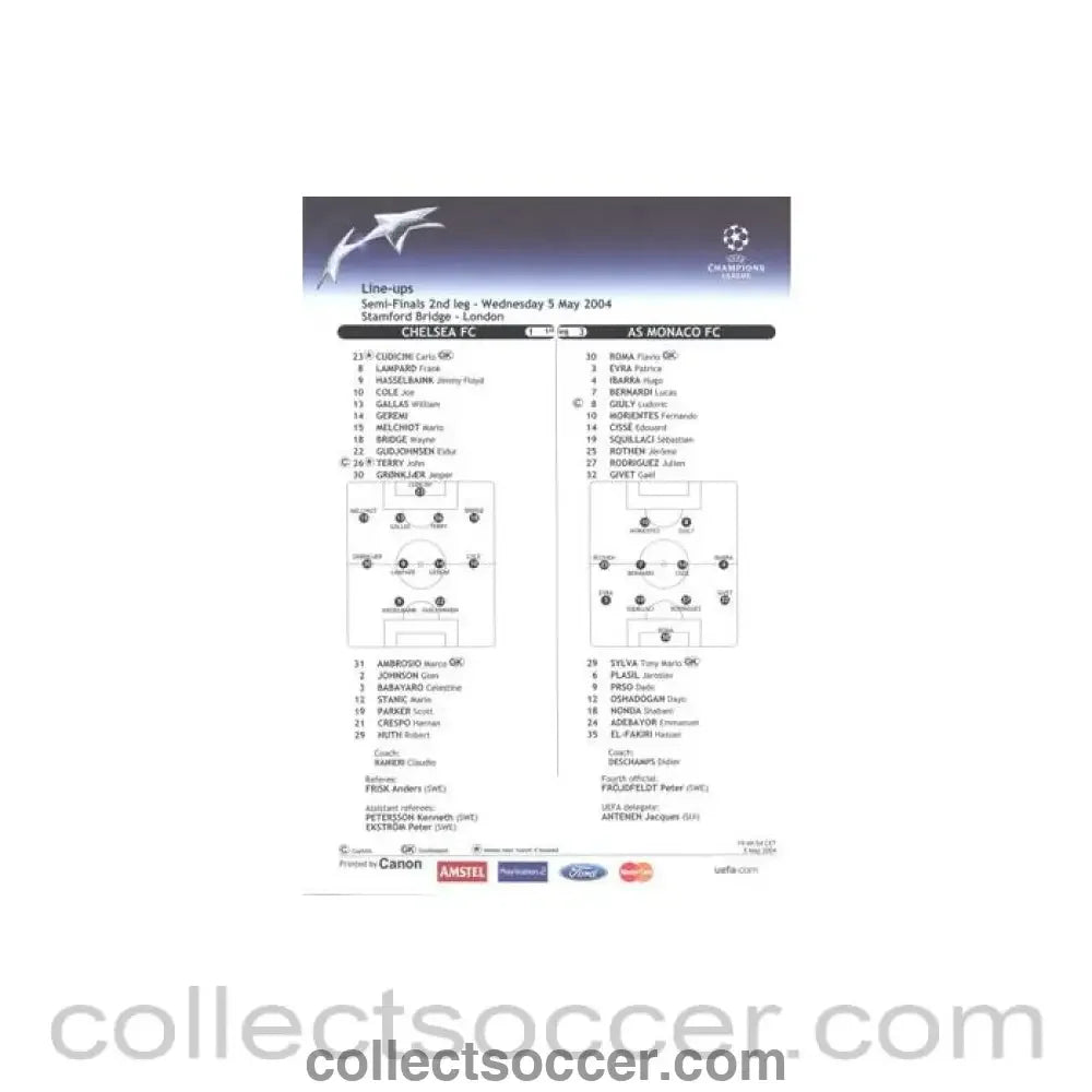 2004 - Chelsea v Monaco line-ups 05/05/2004 Champions League Semi-Final - Collect Soccer