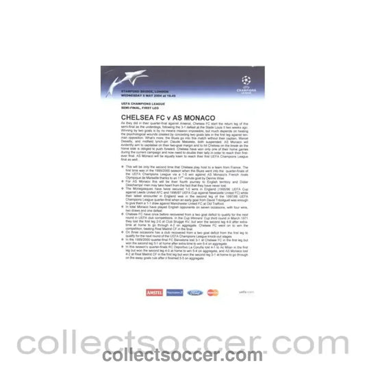 2004 - Chelsea v Monaco Press Pack 05/05/2004 Champions League Semi-Final without folder