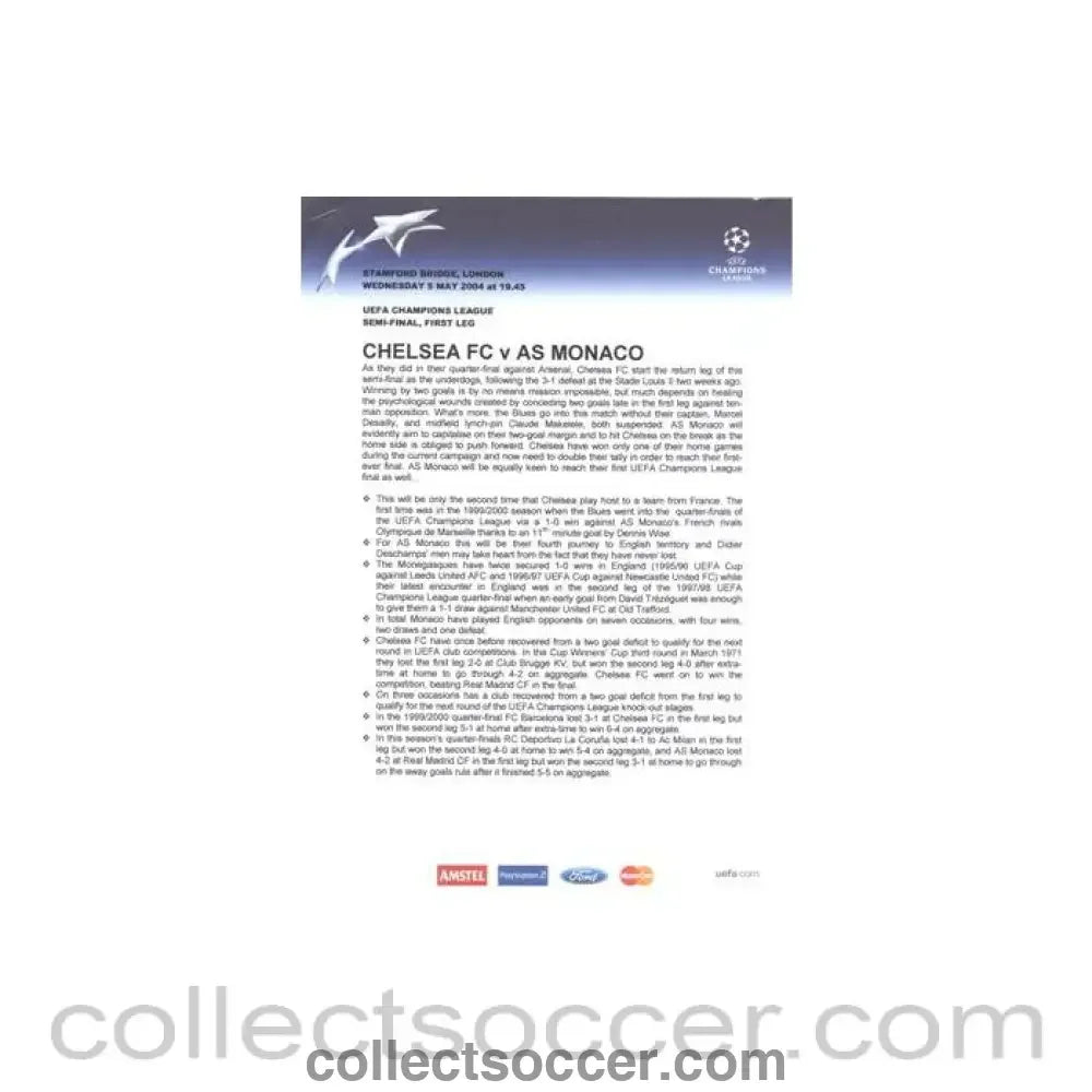 2004 - Chelsea v Monaco Press Pack 05/05/2004 Champions League Semi-Final, without folder - Collect Soccer