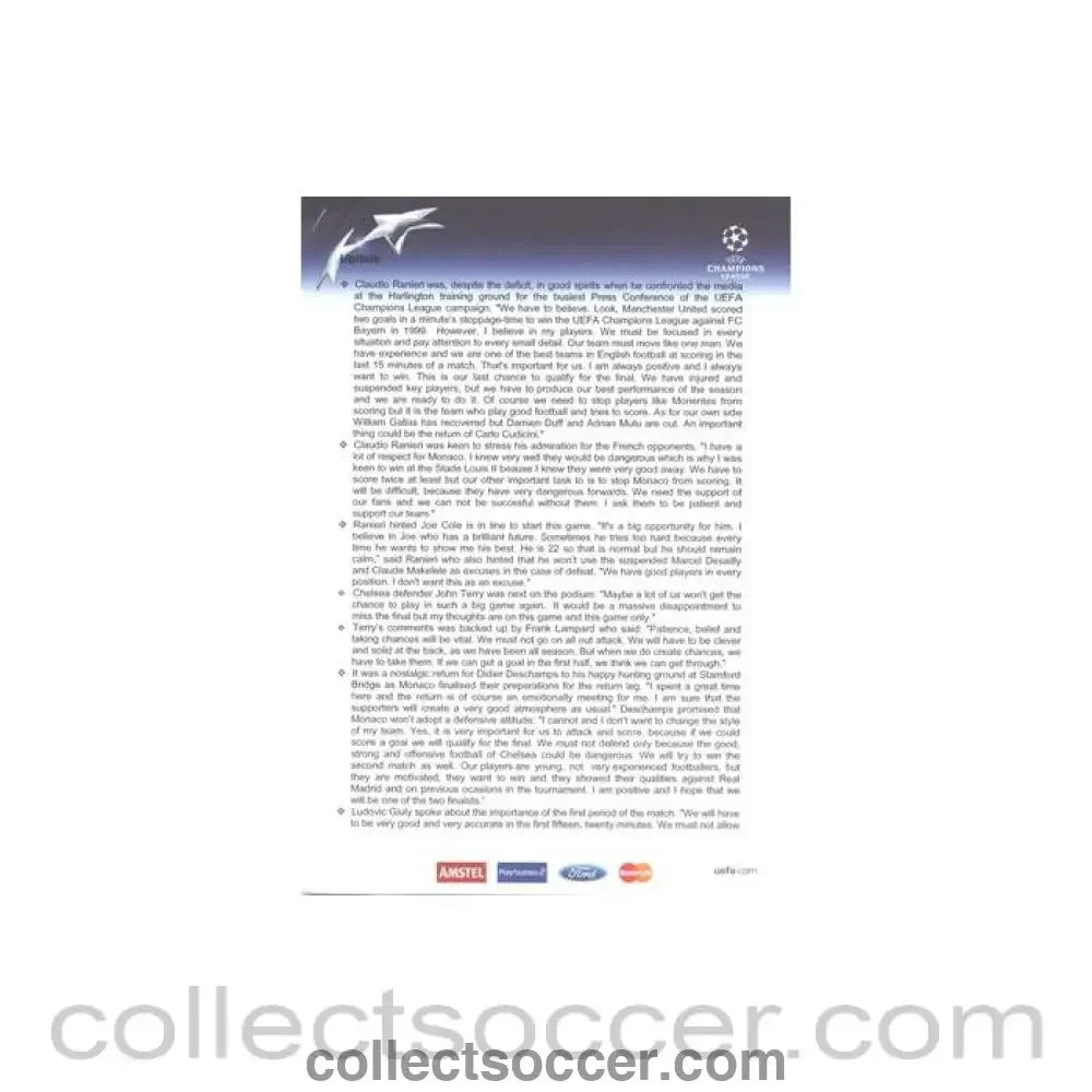 2004 - Chelsea v Monaco Press Pack Update 05/05/2004 Champions League Semi-Final - Collect Soccer