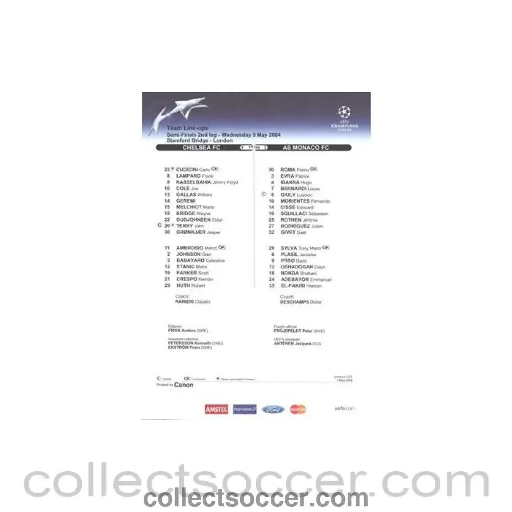 2004 - Chelsea v Monaco teamsheet 05/05/2004 Champions League Semi-Final - Collect Soccer