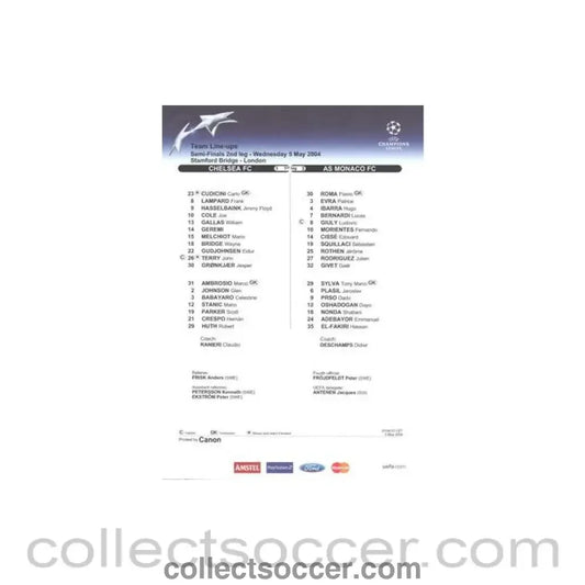 2004 - Chelsea v Monaco teamsheet 05/05/2004 Champions League Semi-Final