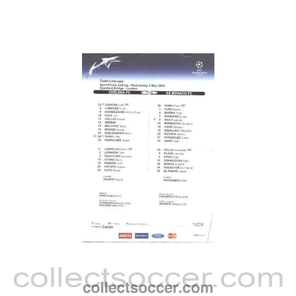 2004 - Chelsea v Monaco teamsheet 05/05/2004 Champions League Semi - Final, half price - Collect Soccer