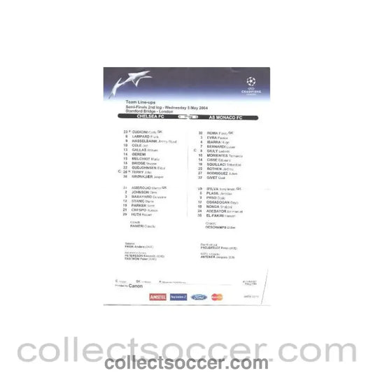 2004 - Chelsea v Monaco teamsheet 05/05/2004 Champions League Semi-Final half price