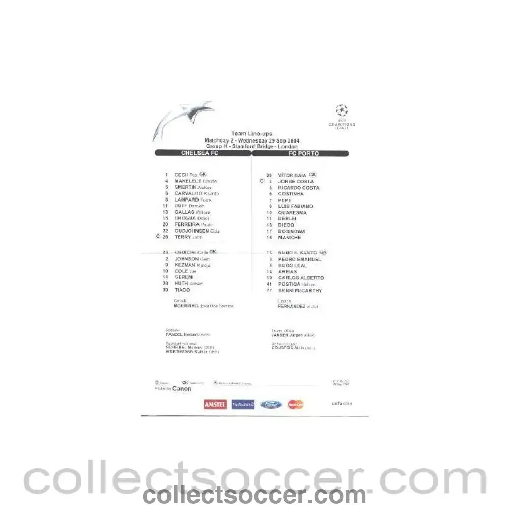 2004 - Chelsea v Porto teamsheet 29/09/2004 - Collect Soccer