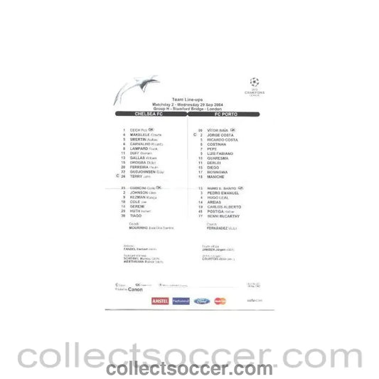 2004 - Chelsea v Porto teamsheet 29/09/2004