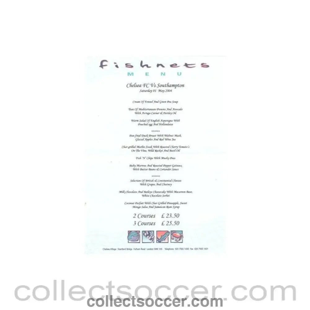 2004 - Chelsea v Southampton Fishnets menu 01/05/2004 Premier League - Collect Soccer