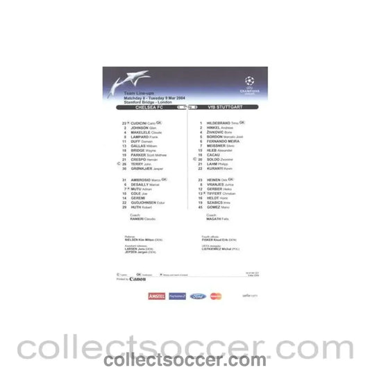 2004 - Chelsea v Stuttgart official colour teamsheet 09/03/2004 Champions League