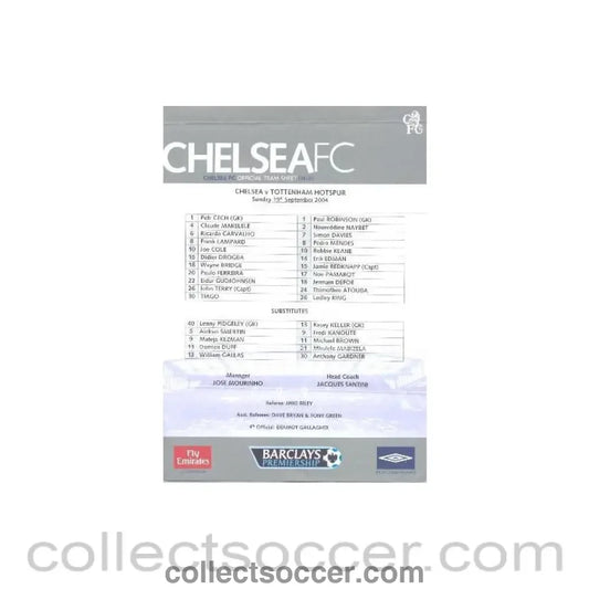 2004 - Chelsea v Tottenham Hotspur official teamsheet 19/09/2004 - Collect Soccer