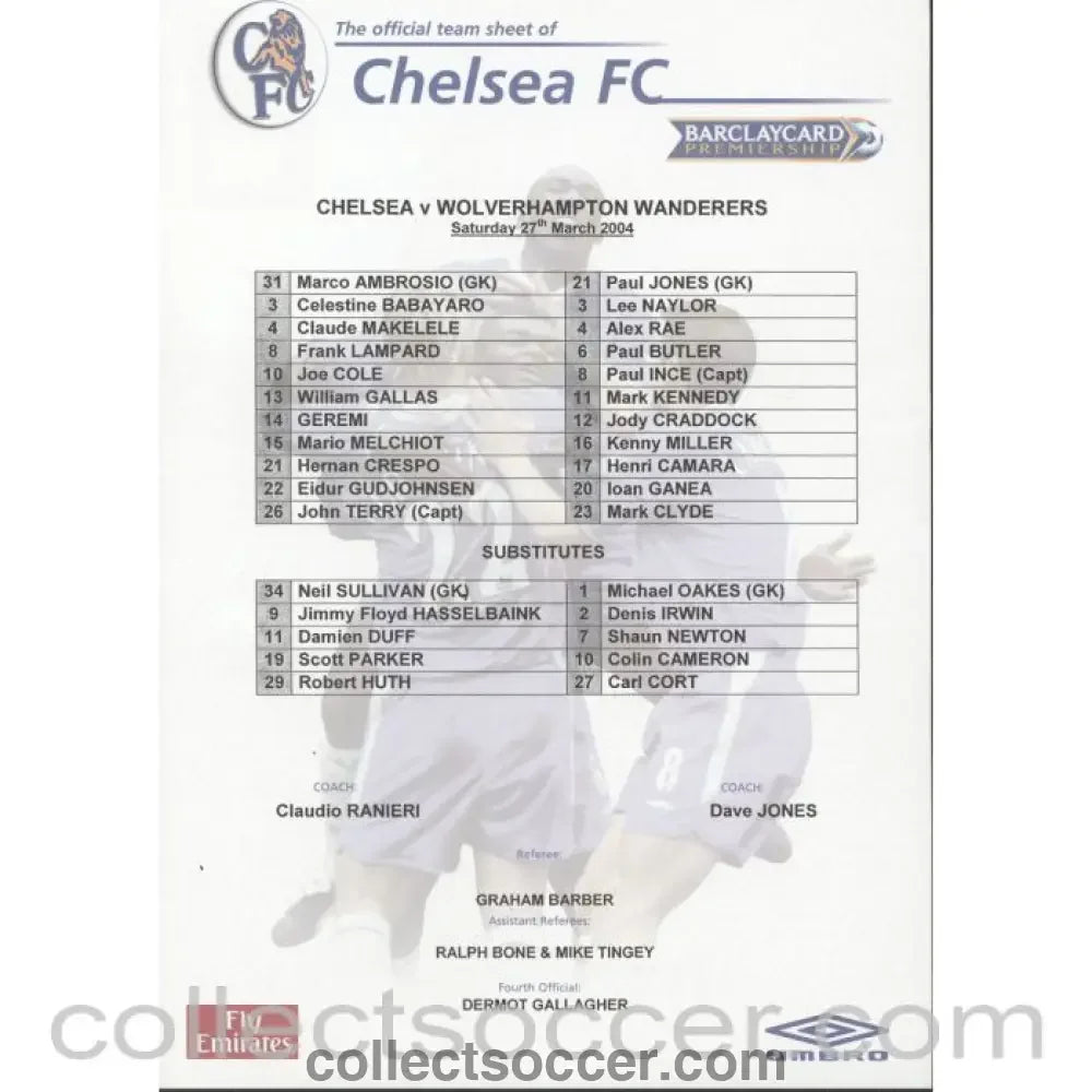 2004 - Chelsea v Wolverhampton Wanderers teamsheet 27/03/2004 Premier League