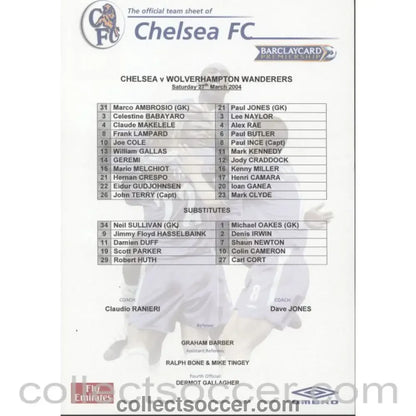 2004 - Chelsea v Wolverhampton Wanderers teamsheet 27/03/2004 Premier League