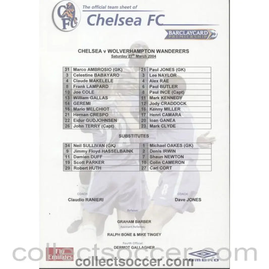 2004 - Chelsea v Wolverhampton Wanderers teamsheet 27/03/2004 Premier League