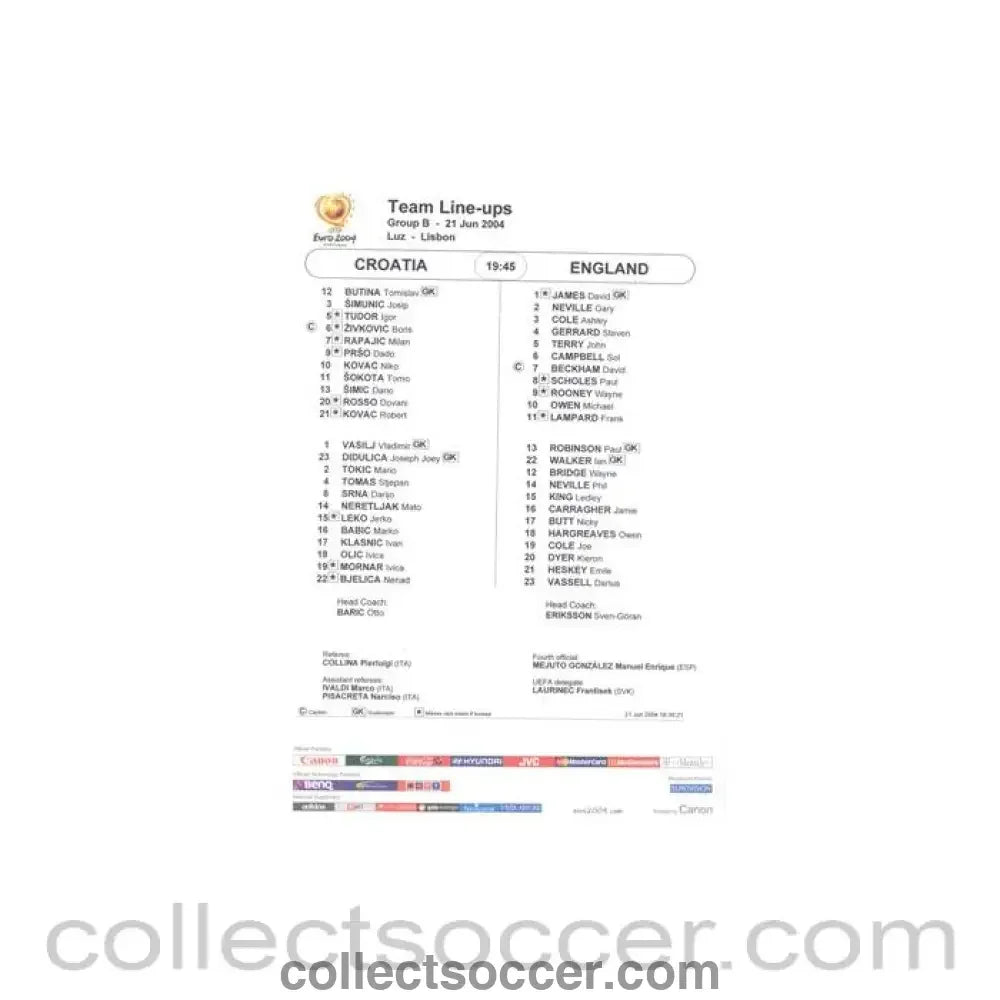 2004 - Croatia v England teamsheet 21/06/2004 Euro 2004 - Collect Soccer