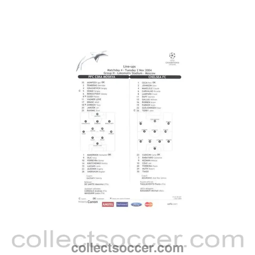 2004 - CSKA Moscow v Chelsea line-ups 02/11/2004 Champions League