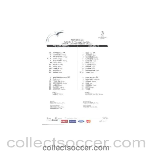 2004 - CSKA Moscow v Chelsea teamsheet 02/11/2004 Champions League - Collect Soccer