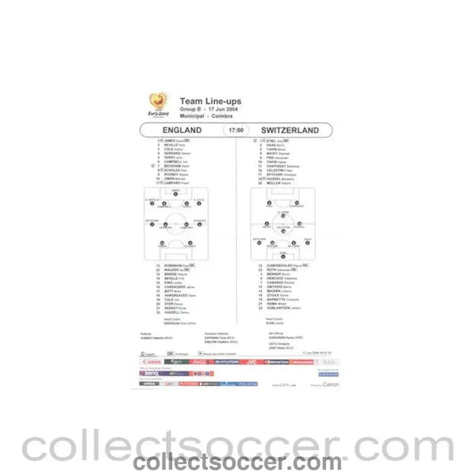2004 - England v Switzerland line-ups 17/06/2004 Euro 2004