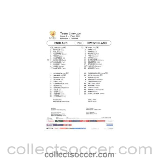 2004 - England v Switzerland teamsheet 17/06/2004 Euro 2004 - Collect Soccer