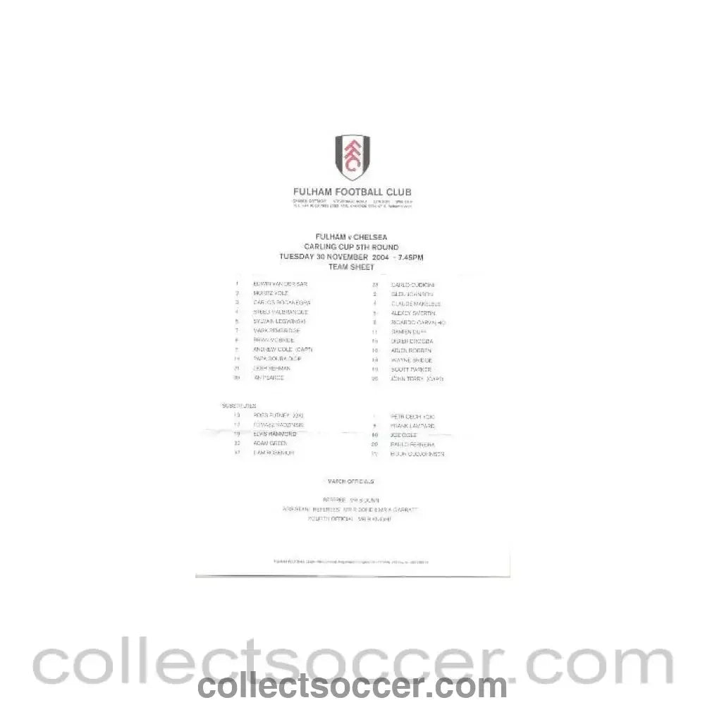 2004 - Fulham v Chelsea official colour teamsheet 30/11/2004