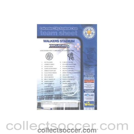 2004 - Leicester City v Chelsea official colour teamsheet 11/01/2004 Premier League - Collect Soccer