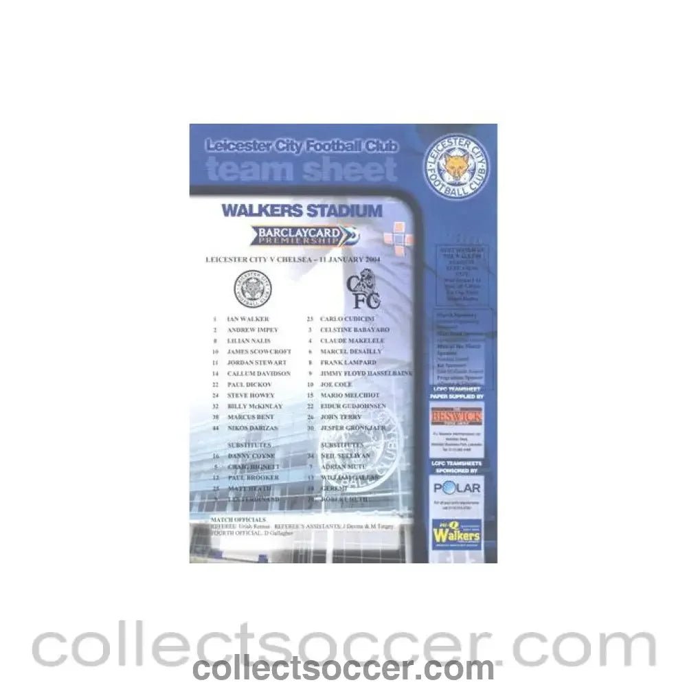 2004 - Leicester City v Chelsea official teamsheet 11/01/2004 Premier League - Collect Soccer
