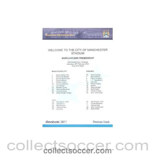 2004 - Manchester City v Chelsea official colour teamsheet 28/02/2004 - Collect Soccer