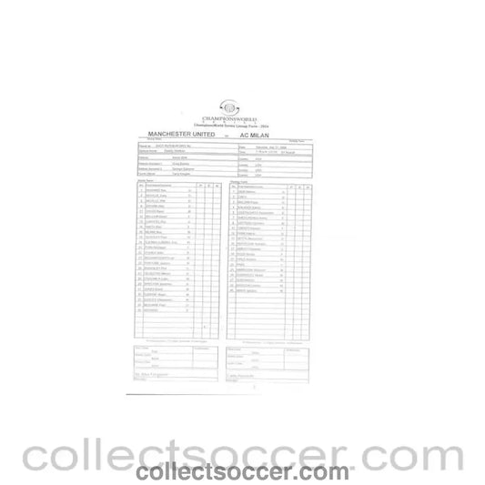 2004 - Manchester United v Milan 31/07/2004 teamsheet, Championsworld Series, in the USA - Collect Soccer