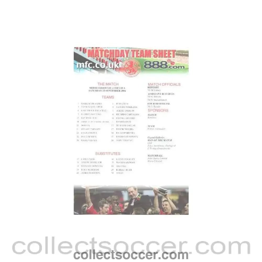 2004 - Middlesbrough v Chelsea official teamsheet 25/09/2004 - Collect Soccer