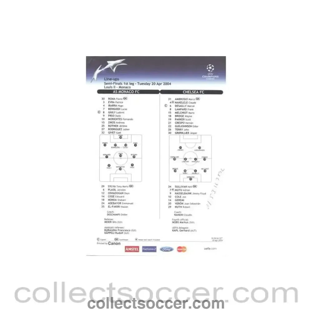 2004 - Monaco v Chelsea line-ups 20/04/2004 Champions League Semi-Final - Collect Soccer