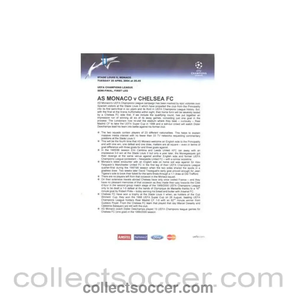 2004 - Monaco v Chelsea press pack without folder 20/04/2004 Champions League Semi-Final 1st Leg - Collect Soccer