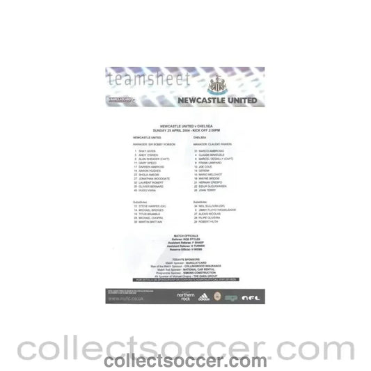 2004 - Newcastle United v Chelsea official colour teamsheet 25/04/2004 Premier League - Collect Soccer