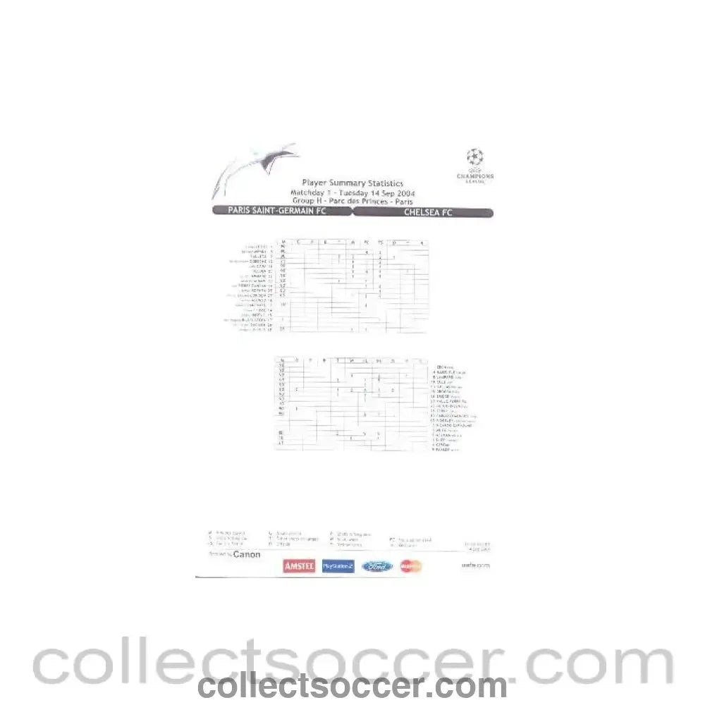 2004 - Paris Saint Germain v Chelsea player sumary statistics 14/09/2004 - Collect Soccer