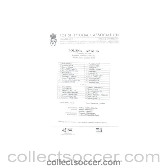 2004 - Poland v England official teamsheet 08/09/2004 - Collect Soccer
