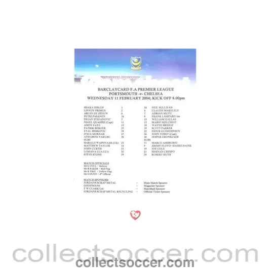 2004 - Portsmouth v Chelsea official colour teamsheet 11/02/2004 Premier League