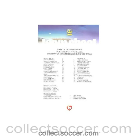 2004 - Portsmouth v Chelsea official teamsheet 28/12/2004 Barclays Premiership match