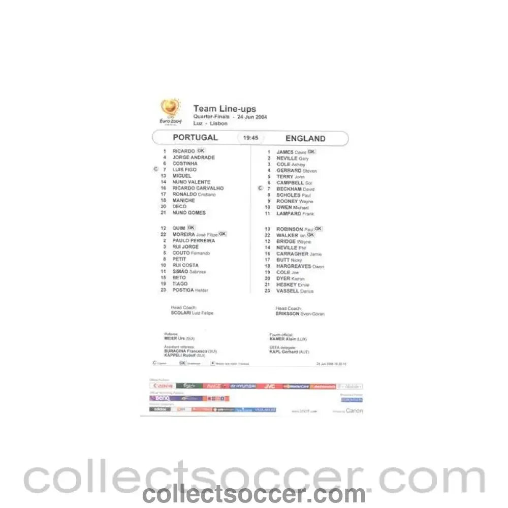 2004 - Portugal v England teamsheet 24/06/2004 Euro 2004