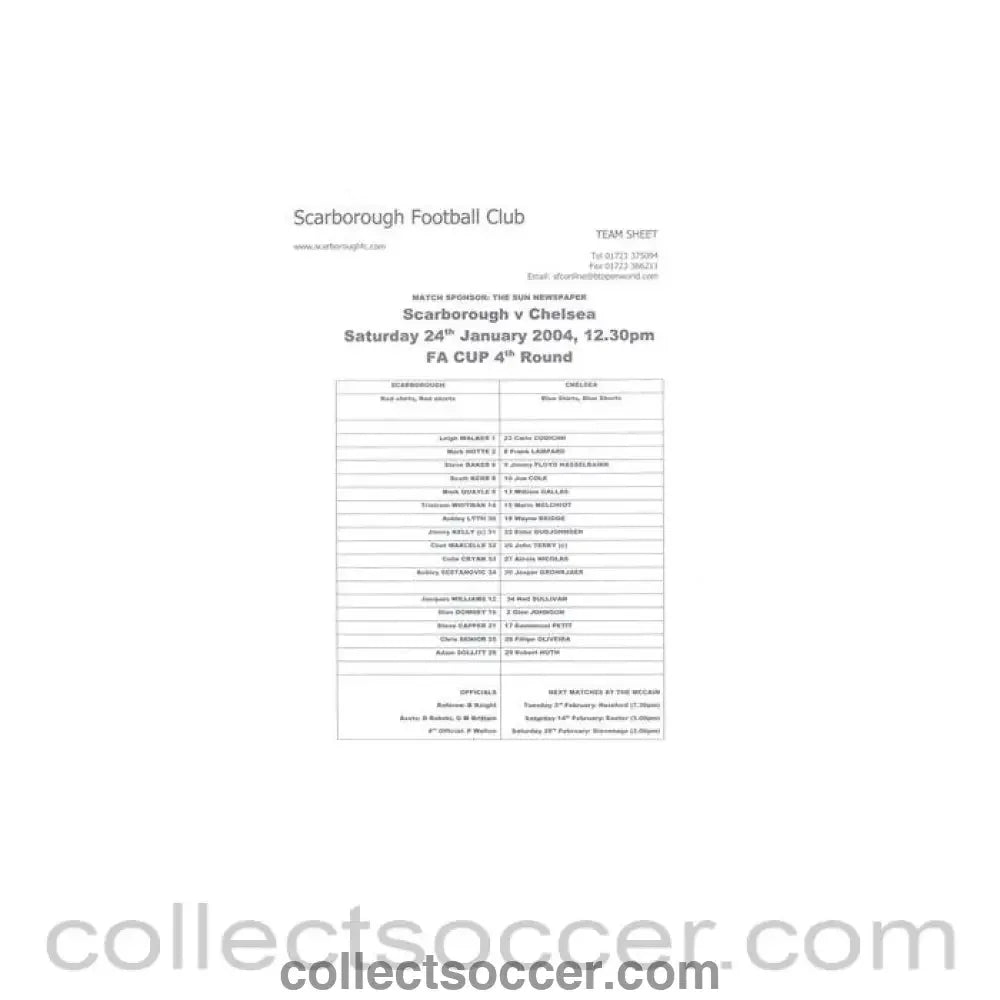 2004 - Scarborough v Chelsea official teamsheet 24/01/2004 F.A. Cup - Collect Soccer