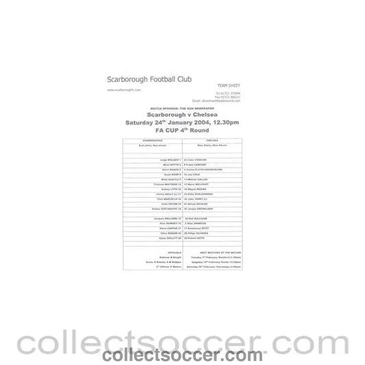 2004 - Scarborough v Chelsea official teamsheet 24/01/2004 F.A. Cup