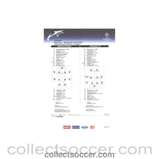 2004 - Stuttgart v Chelsea line-ups 25/02/2004 Chamions League