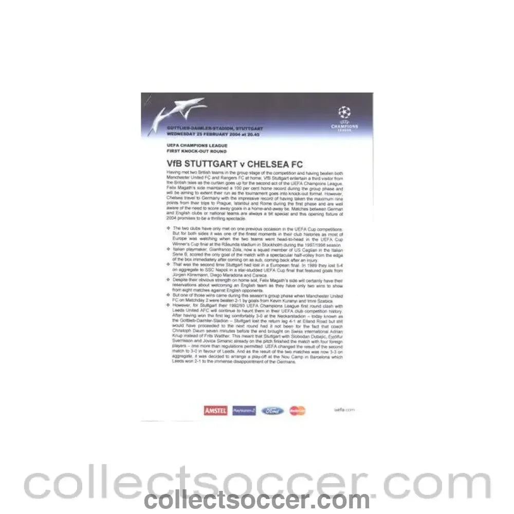 2004 - Stuttgart v Chelsea press pack without folder 25/02/2004 Chamions League - Collect Soccer