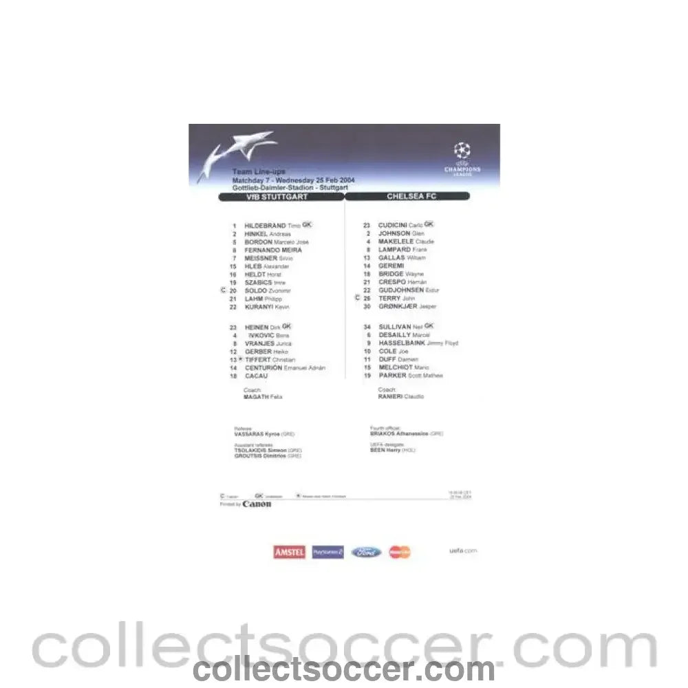 2004 - Stuttgart v Chelsea teamsheet 25/02/2004 Chamions League