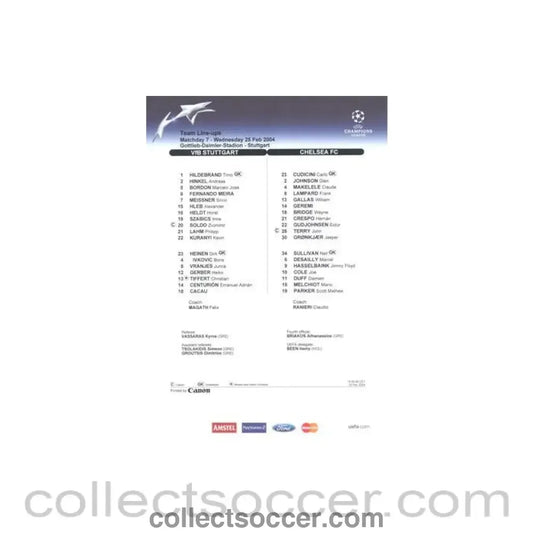 2004 - Stuttgart v Chelsea teamsheet 25/02/2004 Chamions League